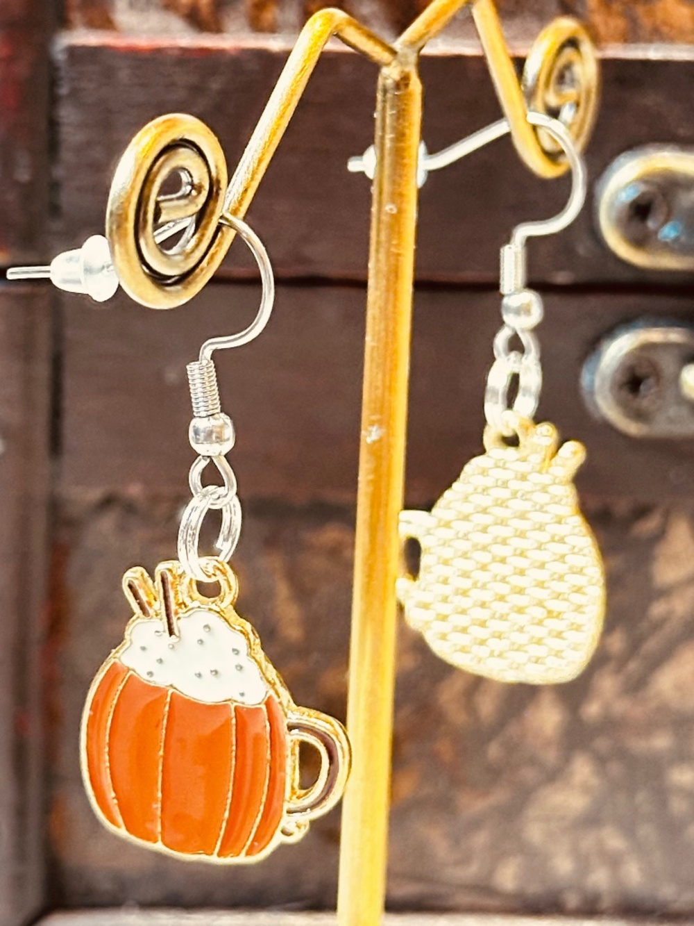 Handmade Pumpkin Spice Latte Earrings Fall Coffee Enamel Stainless Steel Dangles - Picture 6 of 6